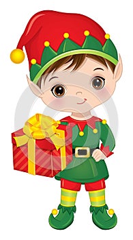 Vector Cartoon Cute Little Elf Boy with Gift Box