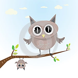 Vector cartoon cute little owl bird on tree branch