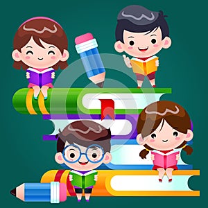 Vector Cartoon Cute School Kids Reading And Learning On Big Books