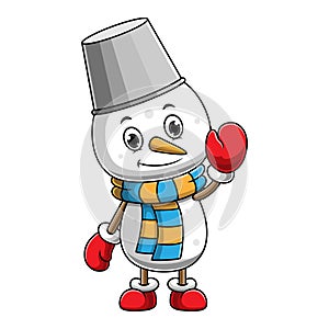Vector cartoon cute snowman wearing bucket on head