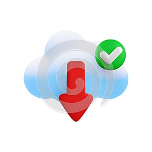 Vector cartoon 3d cloud computing icon. Realistic render of cloud, red download arrow and yes checkmark. Data storage