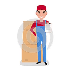 Vector cartoon delivery man with cardboard boxes