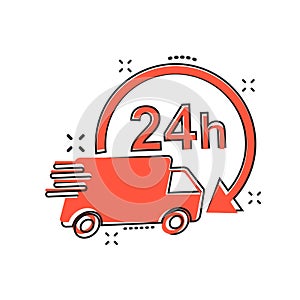 Vector cartoon delivery truck 24h icon in comic style. 24 hours