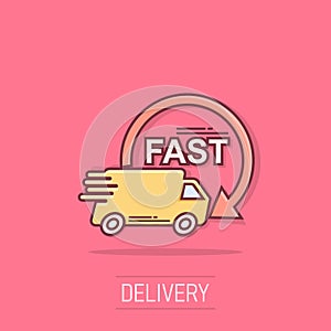 Vector cartoon delivery truck 24h icon in comic style. 24 hours fast delivery service shipping sign illustration pictogram. Car