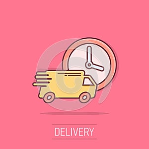 Vector cartoon delivery truck 24h icon in comic style. 24 hours fast delivery service shipping sign illustration pictogram. Car