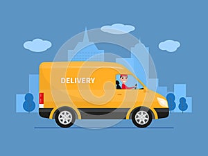 Vector cartoon delivery van with deliveryman