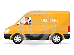 Vector cartoon delivery van truck with deliveryman photo