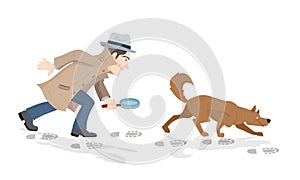 Vector cartoon of detective with magnifying glass and tracker dog