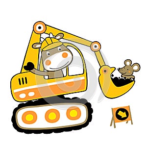 Vector cartoon of digger with funny animals