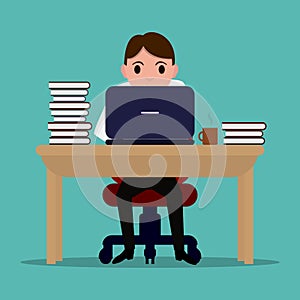 Vector cartoon diligent office worker at the table photo