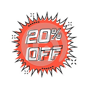 Vector cartoon discount sticker icon in comic style. Sale tag illustration pictogram. Promotion 20 percent discount splash effect