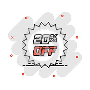 Vector cartoon discount sticker icon in comic style. Sale tag illustration pictogram. Promotion 20 percent discount splash effect