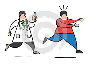 Vector cartoon doctor man with stethoscope and running, holding