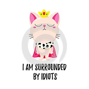 Vector cartoon doodle kitten in a crown. Cat king. Template for print, design