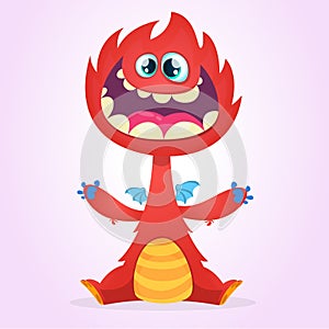 Vector cartoon dragon monster with tiny wings. Red dragon character waving his hands. Furry red dragon illustration