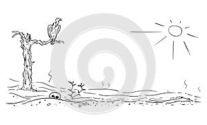 Vector Cartoon Drawing of Arid Desert Landscape Illustration With Vulture Sitting on Dead Tree