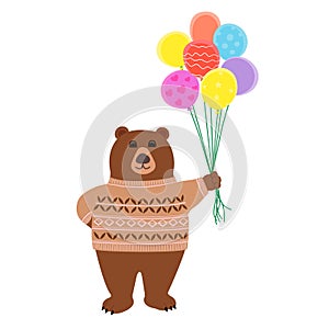 Vector cartoon drawing of brown bear animal wearing cream color yarn sweater, standing and hold colorful yellow, red, pink, blue,