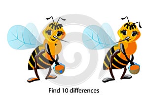 Vector cartoon drawing find 10 differences. Character bee with a bucket of honey, illustration develop attentiveness , for