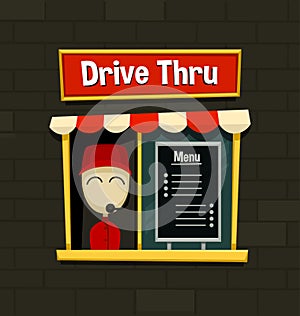 Vector cartoon drive thru menu board fast food business snack dish quick simple idea with brick wall background illustration