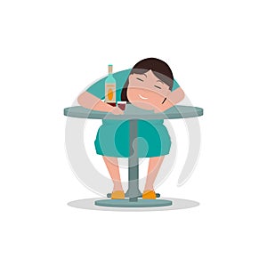 Vector cartoon drunken woman sleeping table