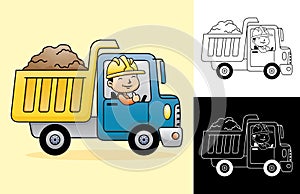 Vector cartoon of dump truck with happy driver