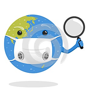 Vector cartoon earth character with magnifying glass