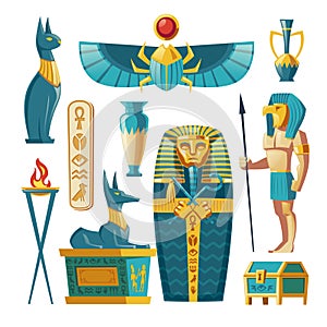 Vector cartoon Egyptian set - pharaoh sarcophagus, gods.