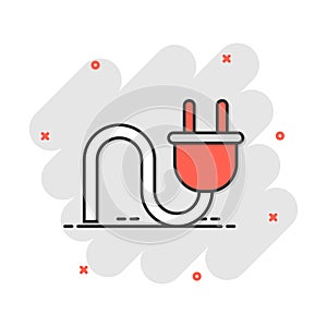 Vector cartoon electric plug icon in comic style. Power wire cable sign illustration pictogram. Wire business splash effect