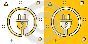 Vector cartoon electric plug icon in comic style. Power wire cable sign illustration pictogram. Wire business splash effect