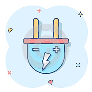 Vector cartoon electric plug icon in comic style. Power wire cable sign illustration pictogram. Wire business splash effect