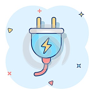Vector cartoon electric plug icon in comic style. Power wire cable sign illustration pictogram. Wire business splash effect
