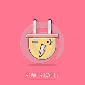 Vector cartoon electric plug icon in comic style. Power wire cable sign illustration pictogram. Wire business splash effect