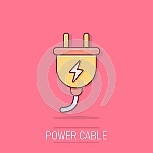 Vector cartoon electric plug icon in comic style. Power wire cable sign illustration pictogram. Wire business splash effect