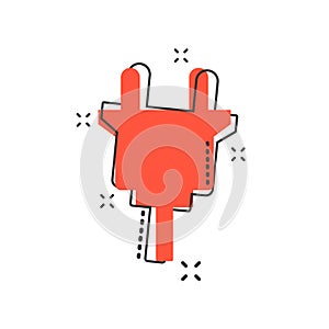 Vector cartoon electric plug sign icon in comic style. Power plug sign illustration pictogram. Electric cable business splash eff