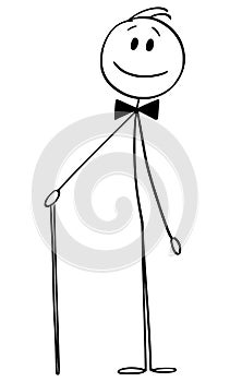 Vector Cartoon of Elegant Dandy Man with Bow Tie and Walking Stick