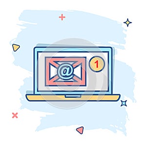 Vector cartoon email envelope message icon in comic style. Mail sign illustration pictogram. Laptop computer business splash