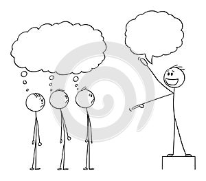 Vector Cartoon of Enthusiastic Man, Leader or Boss Talking to Crowd or Employees , They Are Thinking Something About His