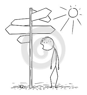 Vector Cartoon of Exhausted and Thirsty Man Walking on Desert and Found Empty Signpost