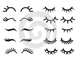 Vector cartoon eyelashes set.Long, fake eyelashes extension.Closed eyes.Different types of eyelash extensions. icon collection