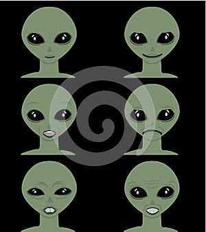 Vector cartoon face expressions Emoticon set alien man face against dark background