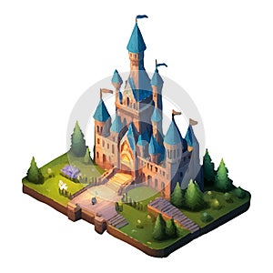 Vector cartoon fairytale castle 2d 3d illustration.