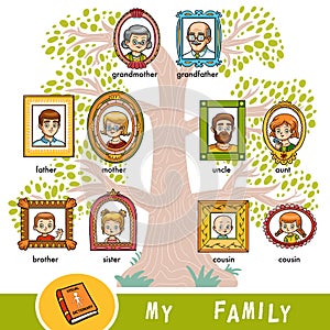 Vector cartoon family tree with images of people in frames