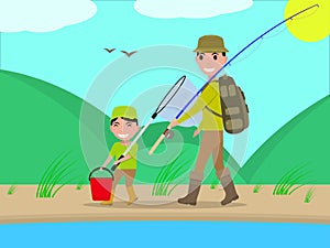 Vector cartoon father and son go on fishing trip