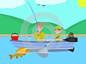 Vector cartoon father son together fishing boat