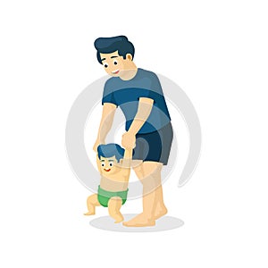 Vector cartoon father teaching his son to walk. Isolated white background. A man and a babe are beginning to walk. Flat style. Dad