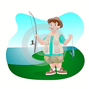 Vector cartoon of a fisherman boy.