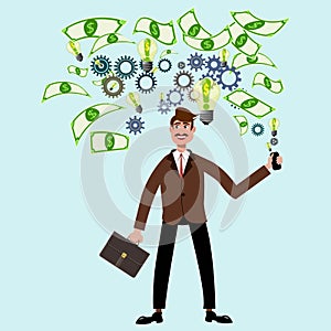 Vector cartoon flat businessman generating a money idea. In mind lamp with idea dollars, works gears, and brings income desition.