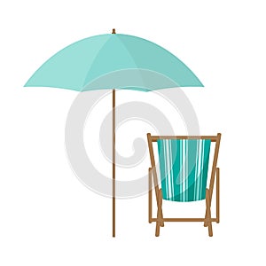 Vector cartoon flat illustration of beach chair, umbrella isolated on white
