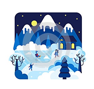 Vector cartoon flat illustration - children play snowballs next to a village house by a frozen lake