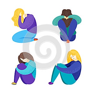 Vector cartoon flat illustration of depression. Sad girls